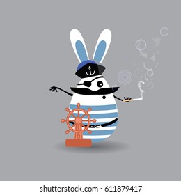 Easter cartoon illustration. A sweet egg - a rabbit captain is a man in a cigar's hand and a ship's rudder. For your design on light isolated background