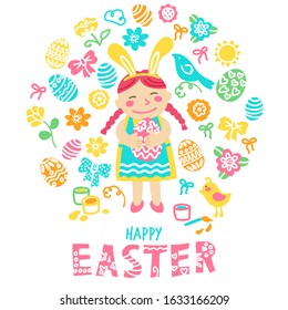 Easter cartoon kids and design elements. Funny girl with rabbit ears hugs painted egg in circle. Vector illustration in a circle cartoon flat style isolated on white background.