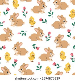 Easter cartoon pattern with bunnies, chicks and spring flowers. Cute children's seamless pattern. White background.