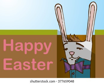 Easter cartoon rabbit in hole 