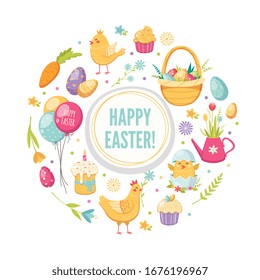 Easter cartoon round concept with chicken balloons cake and eggs vector illustration