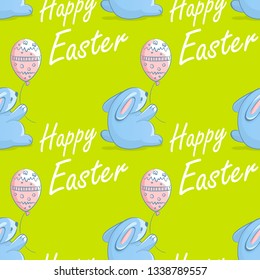 Easter cartoon seamless background, bunnies with a balloon, vector illustration 