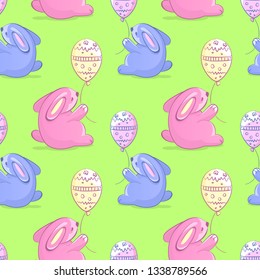 Easter cartoon seamless background, bunnies with a balloon, vector illustration 