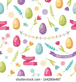 Easter cartoon seamless pattern with flower eggs and ribbons vector illustration