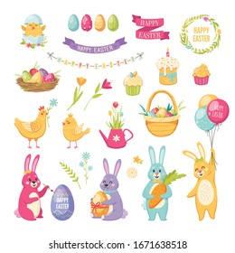 Easter cartoon set with cake balloons and eggs isolated vector illustration