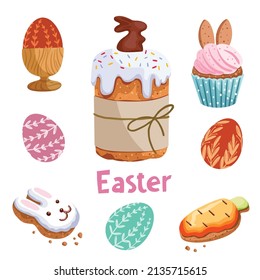 Easter cartoon set with painted eggs, cupcakes, and rabbits.Colored stickers for projects and prints