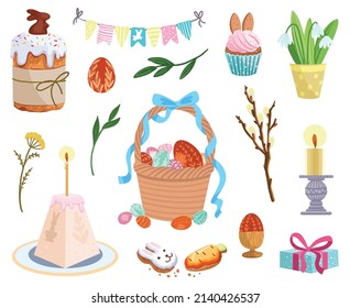 Easter cartoon set with painted eggs, cupcakes, and candles.Colored stickers for projects and prints