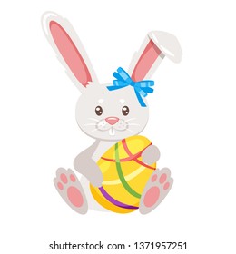 Easter cartoon style bunny with colorful festive painted egg. Vector illustration isolated on white background.