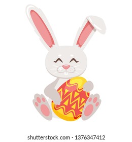 Easter cartoon style bunny with colorful festive painted egg. Vector illustration isolated on white background.