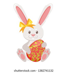 Easter cartoon style bunny with colorful festive painted egg. Vector illustration isolated on white background.