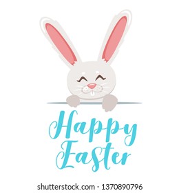 Easter cartoon style design template for greeting card with cute bunny. Vector illustration isolated on white background.