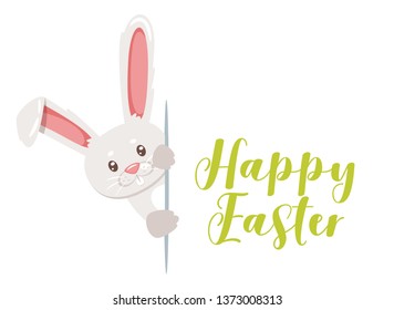 Easter cartoon style design template for greeting card with cute bunny. Vector illustration isolated on white background.