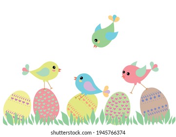 Dibujo vectorial de Pascua con huevos decorativos y aves pequeñas.