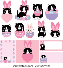 Easter cat clip art, cute cat with bunny ears, black and white kitten, Easter eggs clip art