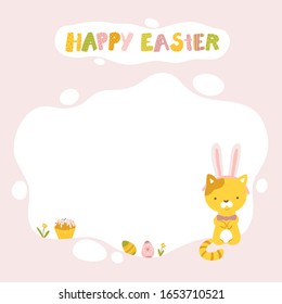 Easter cat template with bunny ears for text or photo in simple colorful cartoon hand-drawn style. Vector baby illustration of a cute animal, easter eggs, cupcake, flowers on a pastel pink background.