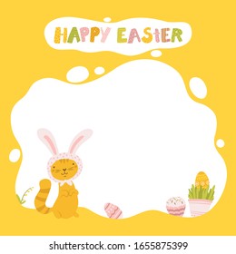 Easter cat template with bunny ears for text or photo in simple colorful cartoon hand-drawn style. Vector baby stock illustration of a cute animal, easter eggs, cupcake, flowers on orange background.