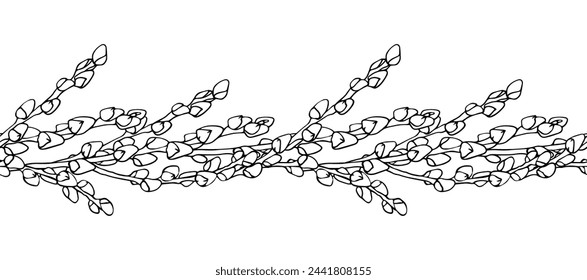 Corona de primavera de pascua de los gatines, junta sin costuras. Rama dibujada a mano de la tinta de Willow para el diseño de la tarjeta, las invitaciones, el libro de colorear, scrapbook.Vector aislado sobre fondo blanco.