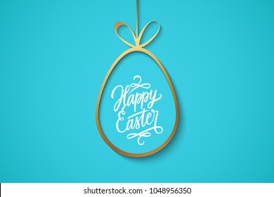 Easter celebrate banner with golden easter egg and handwritten holiday wishes of a Happy Easter on blue background. Vector illustration.