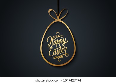 Easter celebrate banner with golden easter egg and handwritten holiday wishes of a Happy Easter on black background. Vector illustration.