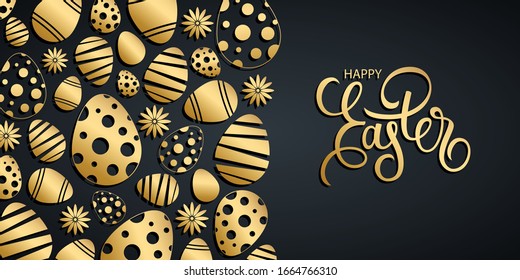 Easter celebrate luxury banner. Happy Easter holiday invitation template with gold easter eggs and hand drawn lettering greetings. Vector illustration.