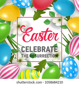 Easter Celebrate Resurrection lettering in frame. Easter greeting card. Handwritten and typed text, calligraphy. For greeting cards, invitations, flyers, posters, leaflets and brochures.