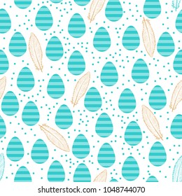 Easter celebration background of bright blue color. Eggs are striped with golden feathers. Seamless pattern isolated on white background.