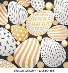 Easter celebration background decorated with realistic easter eggs and pearls.