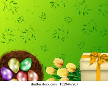 Easter celebration background with illustration of colorful eggs, tulip flowers and gift box on green background decorated with leaves doodle.