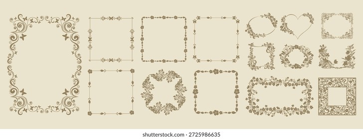 Easter celebration badge set with cross. Cross icons set. Obituary notice - art deco frames with cross. Collection of Christian Symbol design elements isolated on  background. Christian crosses with decorative ornamental frames in vintage or Victorian style. Classic floral swirls, flourishes, plant elements. Set. Monochrome vector illustration