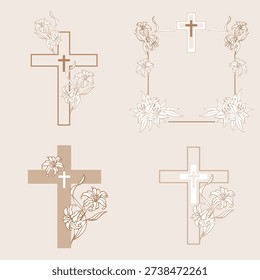 Easter celebration badge set with cross. Cross icons set. Obituary notice - art deco frames with cross. Collection of Christian Symbol design elements isolated on  background. Christian crosses with decorative ornamental frames in vintage or Victorian style. Classic floral swirls, flourishes, plant elements. Set. Monochrome vector illustration