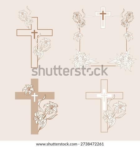 Easter celebration badge set with cross. Cross icons set. Obituary notice - art deco frames with cross. Collection of Christian Symbol design elements isolated on  background. Christian crosses with decorative ornamental frames in vintage or Victorian style. Classic floral swirls, flourishes, plant elements. Set. Monochrome vector illustration