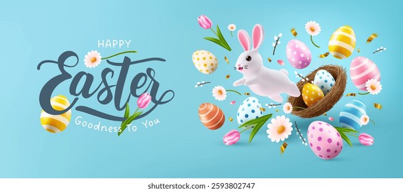 Easter celebration banner with cute white rabbit jumping among colorful Easter eggs and flowers on blue background,featuring a festive Easter atmosphere with confetti,tulips and a decorative nest