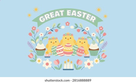 Easter celebration banner featuring three cute yellow chicks with flower crowns and colorful decorated eggs.
