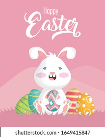 easter celebration card with rabbit and eggs painted vector illustration design