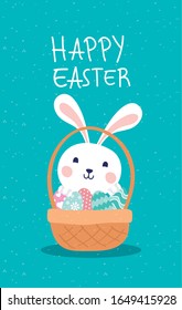 easter celebration card with rabbit and eggs painted in basket vector illustration