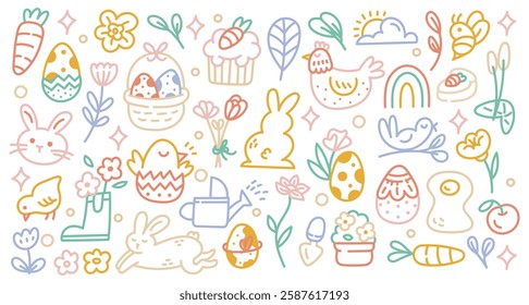 Easter Celebration Cartoon Line Art Style Illustration Doodle Element