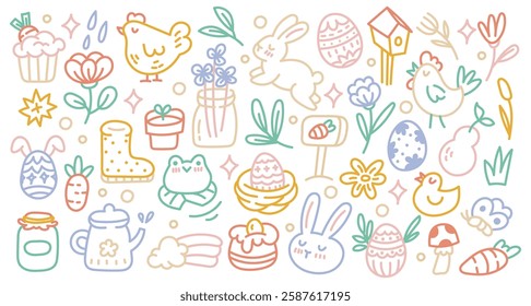 Easter Celebration Cartoon Line Art Style Illustration Doodle Element