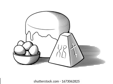 Easter celebration composition. Orthodox Eastern European traditional food. Traditional Easter bread (kulich), pascha and bowl of dyed eggs. Black and white vector illustration in retro style