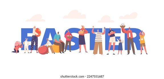 Easter Celebration Concept Poster, Happy Characters Young and Senior People with Colorful Painted Eggs and Basket. Happy Family in Rabbit Ears Celebrating Banner or Flyer. Cartoon Vector Illustration