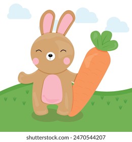 Concepto de celebración de Pascua y conejo de pie con zanahorias, cartel del día de Pascua y Ilustración vectorial de diseño de Plantilla.