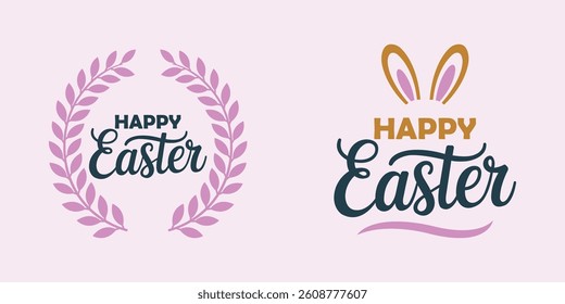 Easter Celebration with Cute Design,Happy Easter Text with Icons,Easter Holiday Greeting Card Design,Festive Easter Typography and Illustration.
