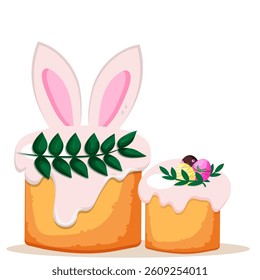 Easter celebration with decorative cakes featuring bunny ears and colorful eggs in a spring setting