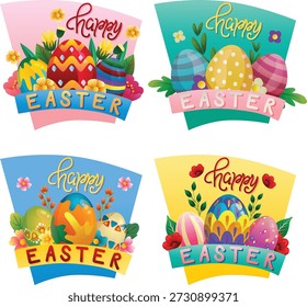 Celebración de Pascua Caza de Huevos Decoración de Flores Etiqueta engomada Etiqueta Ilustración vectorial
