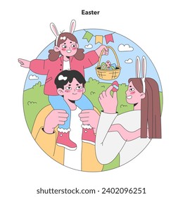 Easter Celebration. Family enjoys a sunny egg hunt, with children wearing bunny ears and sharing chocolate treats. Flat vector illustration