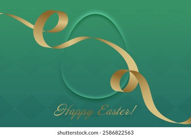 Easter Celebration. A golden ribbons elegant curves create a festive atmosphere, enhancing the Easter greeting on a serene green backdrop.