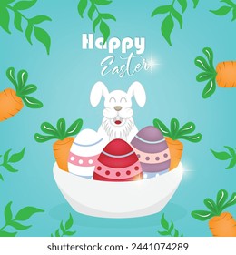 Easter celebration greeting vector design with egg ornaments, rabbits and natural shades combined with natural colors