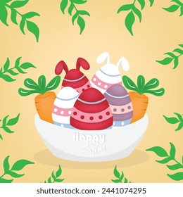 Celebración de Pascua de bienvenida diseño vectorial con adornos de huevo, conejos y tonos naturales combinados con colores naturales