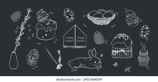 Easter celebration hand drawn chalk set on black background. Hand drawn doodle style sketch of spring religious holiday, background. Krashanky, pysanky, kulichi, rabbit, willow. Easter vector illustra