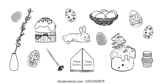 Easter celebration hand drawn set. Hand drawn doodle style sketch of spring religious holiday, background. Krashanky, pysanky, kulichi, rabbit, willow. Easter vector illustration.