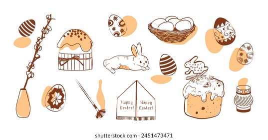 Easter celebration hand drawn set in warm colors. Hand drawn sketch with spots, spring religious holiday, background. Krashanky, pysanky, kulichi, rabbit, willow. Easter vector illustration.